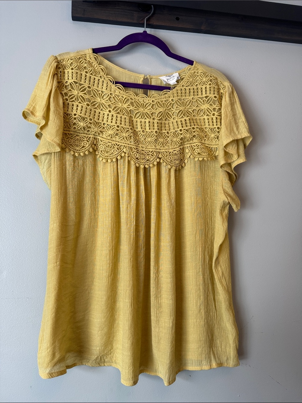 Crochet Yoke Flutter Sleeve Blouse in Yellow